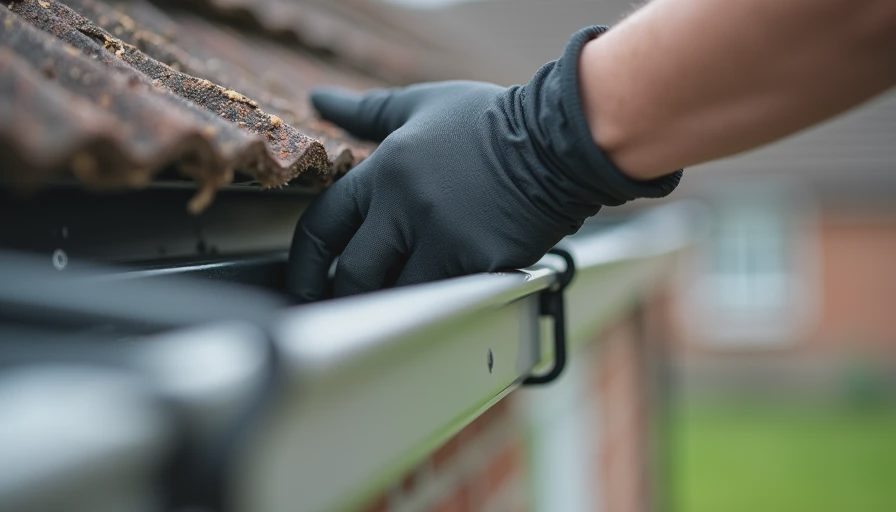 Close-up of hands repairing and securing a residential rain gutter during maintenance.