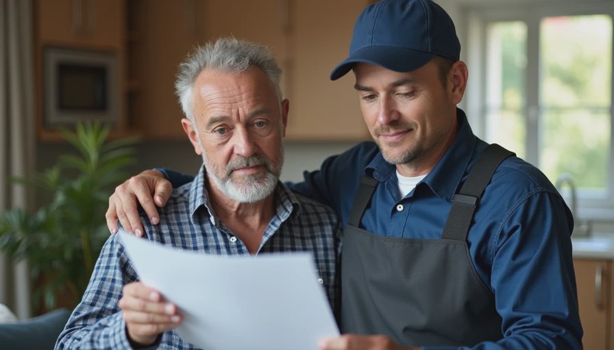 Homeowner and technician reviewing contractor quotes and air conditioner options together calmly.