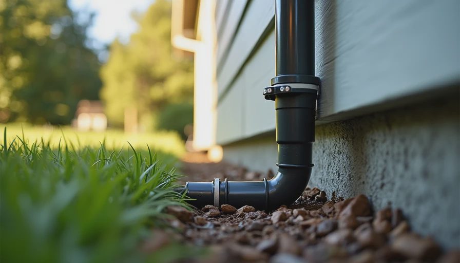 Downspout extension directing rainwater safely away from a residential house foundation.