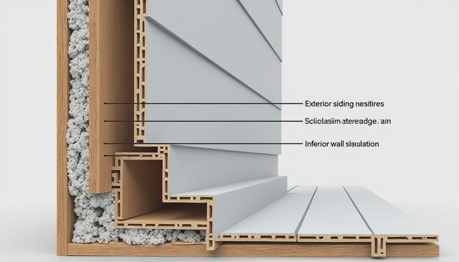 Cross-section diagram showing siding, housewrap, and wall insulation assembly details.
