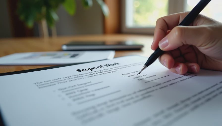 Close-up of a homeowner reviewing a contractor quote and checking off project scope details.