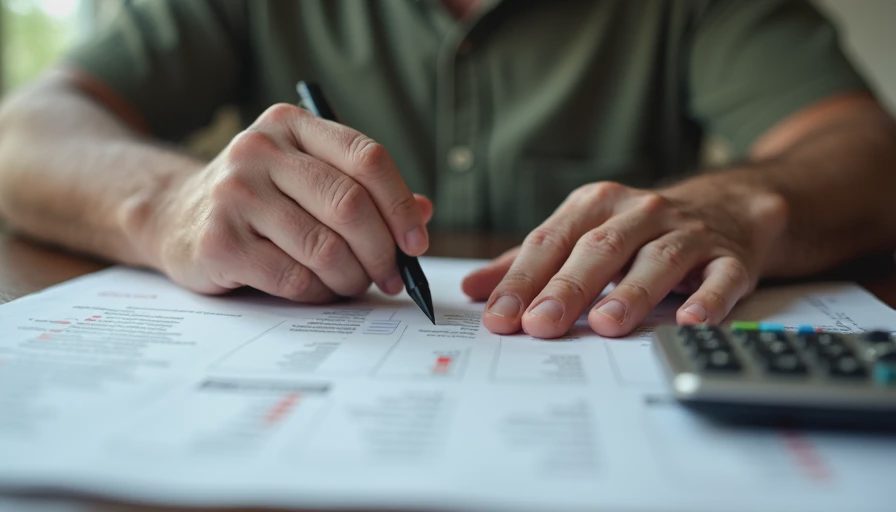 A homeowner calmly reviewing home upgrade estimates and checking project budgets at a desk.