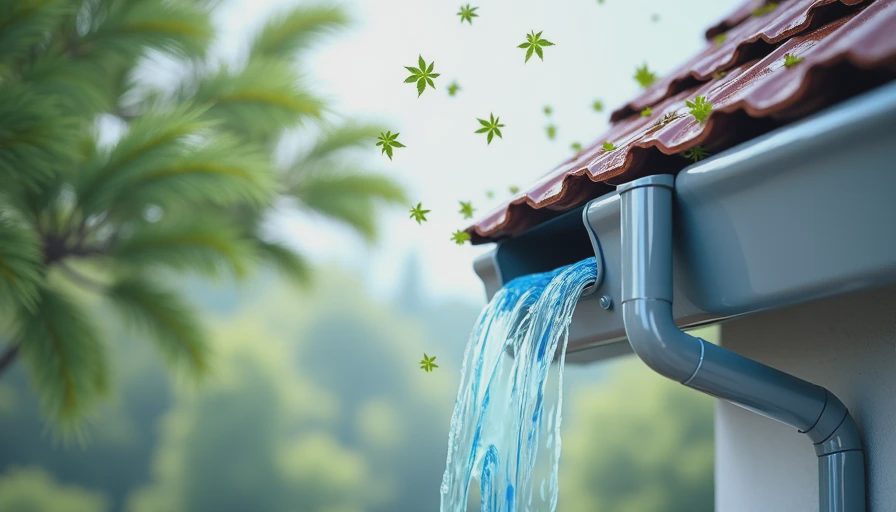 Cross-section illustration showing a gutter guard blocking leaves while letting rainwater flow into the gutter.