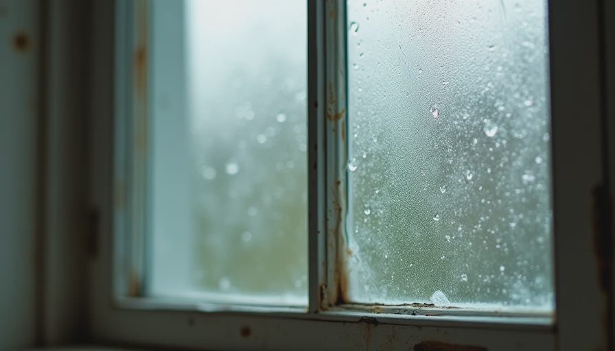 Close-up of an old, fogged single-pane window showing seal failure and condensation issues.