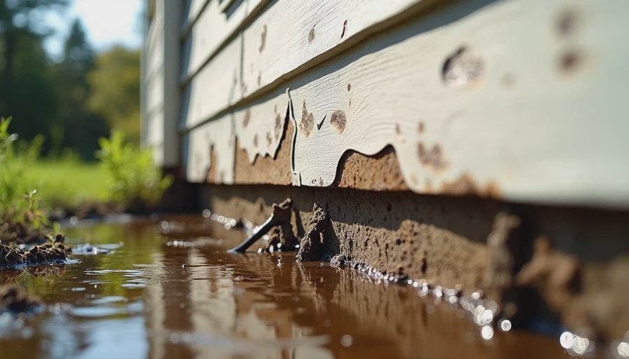 Water stains on home siding and erosion near the foundation caused by overflowing gutters.