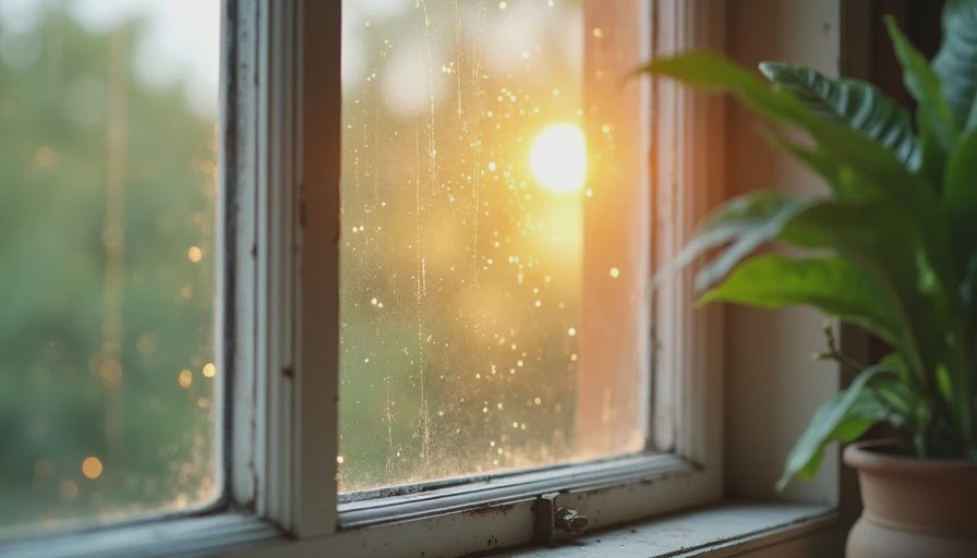 Diagrammatic illustration of solar heat gain and air drafts through an older window frame.