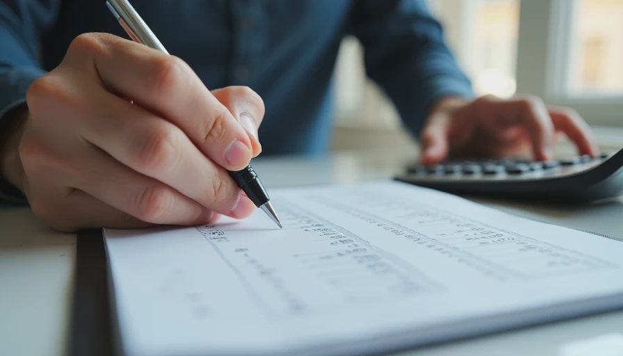 Close-up of a homeowner calculating air conditioner repair costs and system age on a notepad.