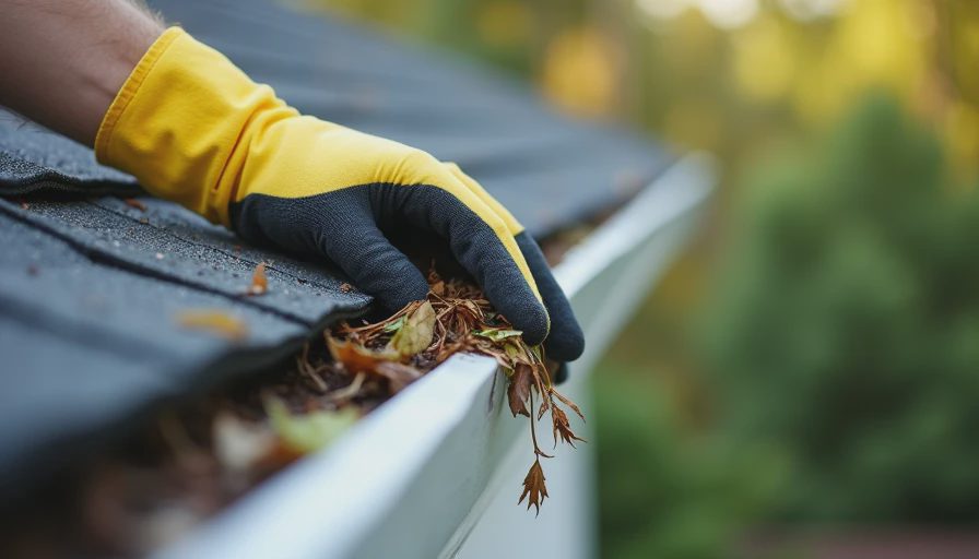 Close-up of cleaning leaves and debris out of a residential rain gutter before storm season.